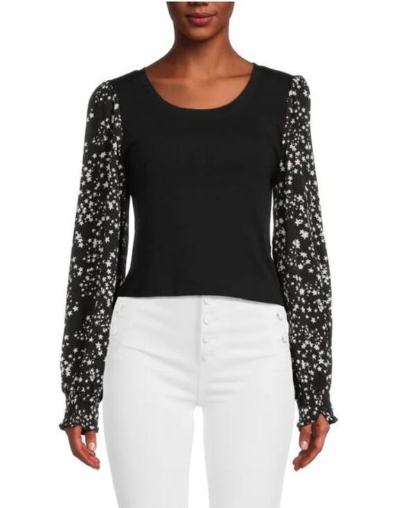 Dkny Tops - DKNY Womens Star Print Blouse Top XXS Black Ribbed Long Sleeve Career NWT